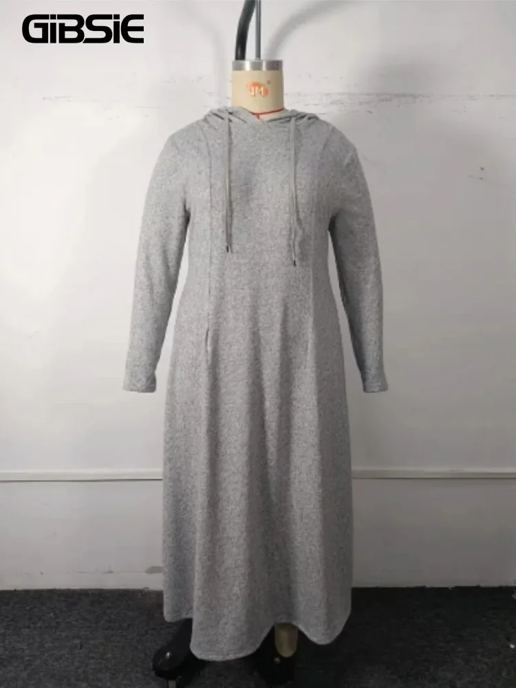 GIBSIE Plus Size jednolita szara sukienka bluza ze ściąganym kapturem kobiety 2023 odzież Streetwear na jesień i zimę sukienki Maxi w stylu Casual z