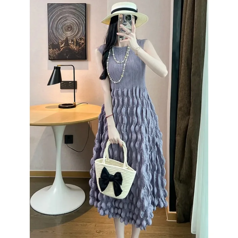 SMVP 여성용 라운드 넥 민소매 버블 플리츠 드레스, 루즈한 대형 디자인, 우아한 단색 파티 원피스, 2025 여름 신상