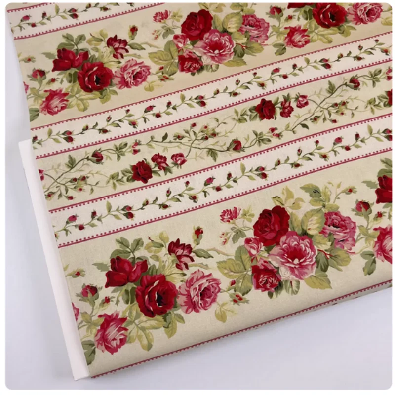 

Vintage rose-striped floral plain fabric for DIY handmade dress, book cover, hat, bag, door curtain, T74