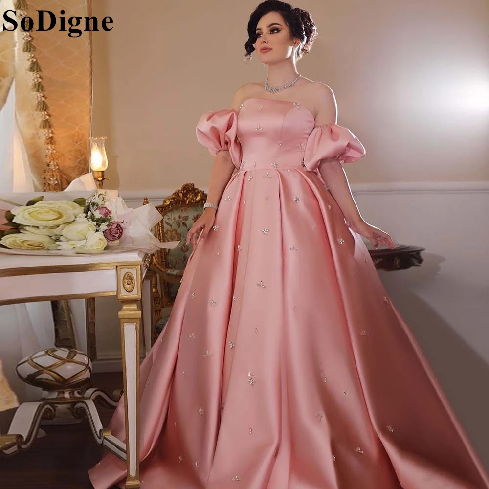 

SoDigne Elegant Pink Satin Evening Dresses A-Line Strapless Crystal Puff Sleeves Pleated Party Dress Dubai Prom Gowns Customized