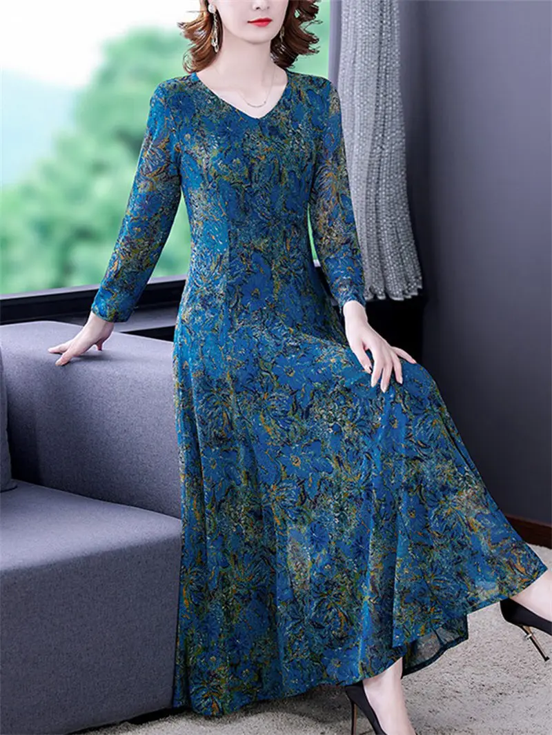 

High-End Silk Mesh Yarn Floral Dress Long Sleeve Fashion Midi Dress Women's Spring Autumn Elegant Retro Clothing H241