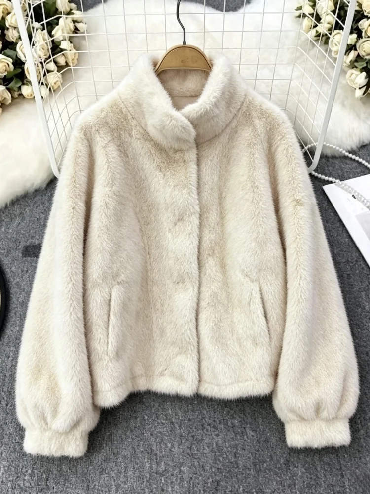 AACHOAE Women Faux Fur Jacket Winter Coat Stand Collar Long Sleeve Snap Button Warm Loose Casual Elegant Outerwear