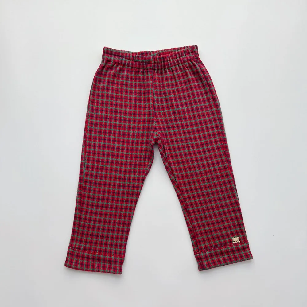 

kids clothes Classic red checkered pattern pants Boys and girls autumn pants Cartoon embroidery versatile pants
