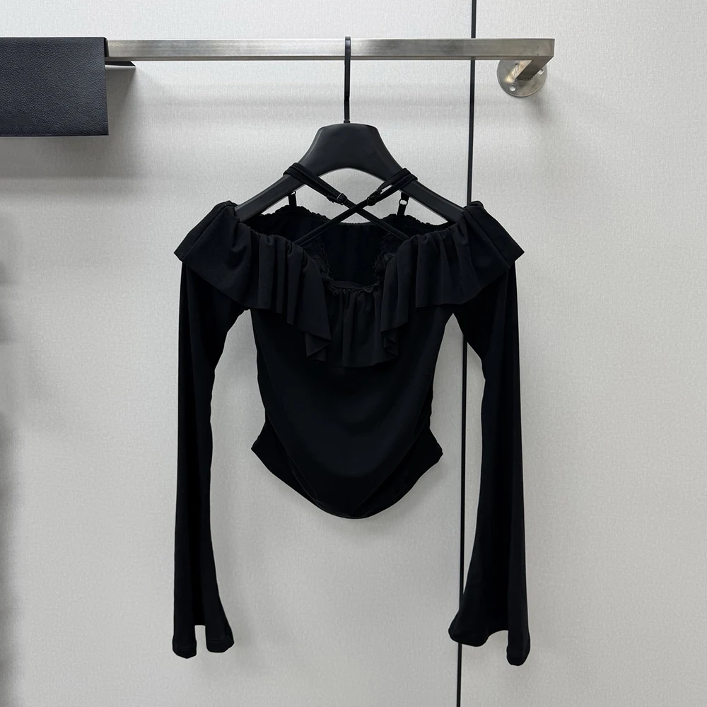 

Женская футболка с рюшами и кружевом, с открытыми плечами, с длинными рукавами, стильная и элегантная, для повседневной носки, весна 2026, новинка, Y2K