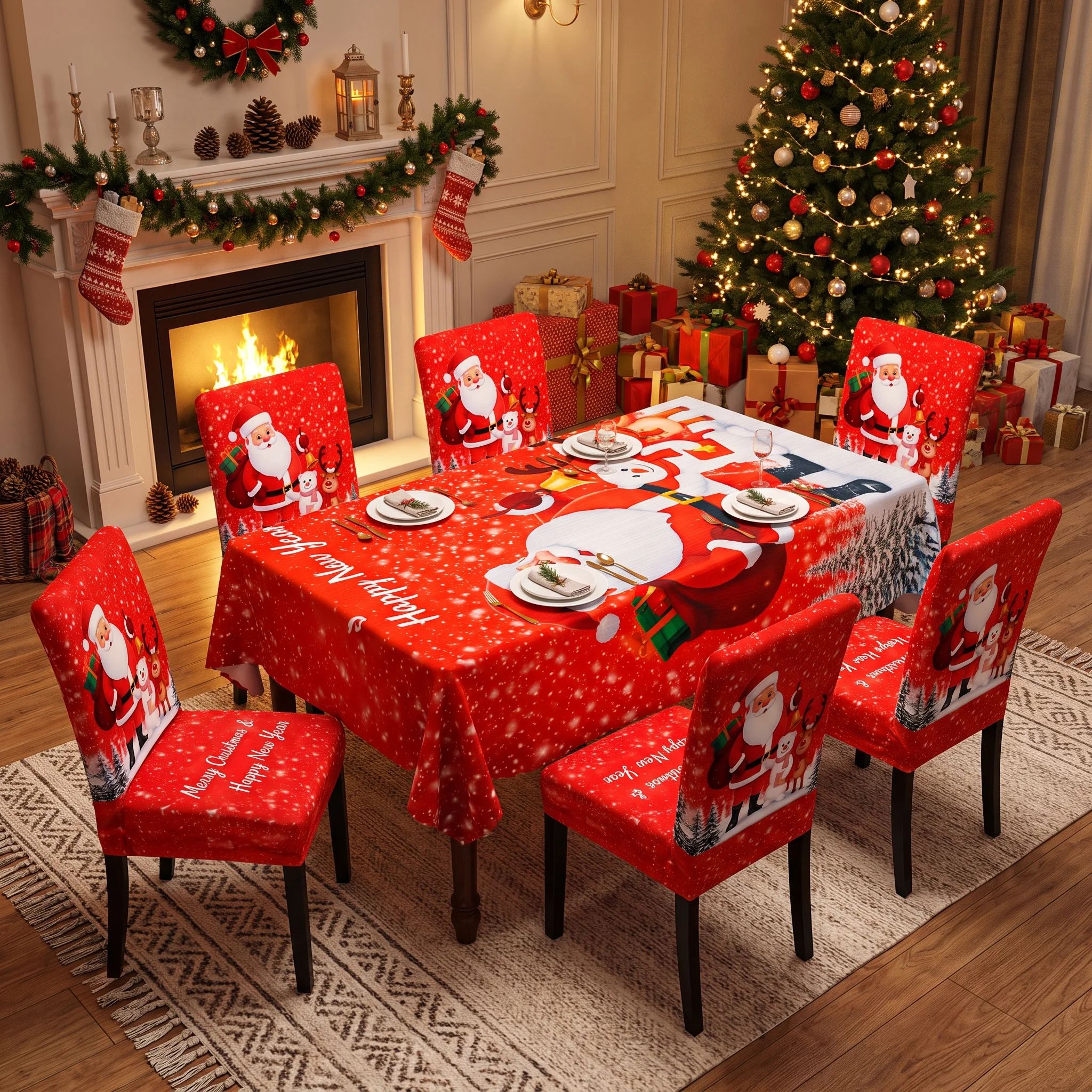 Christmas Tablecloth Santa Reindeer Snowfall Rectangle 140x210cm Waterproof Red Xmas Dining Table Cover