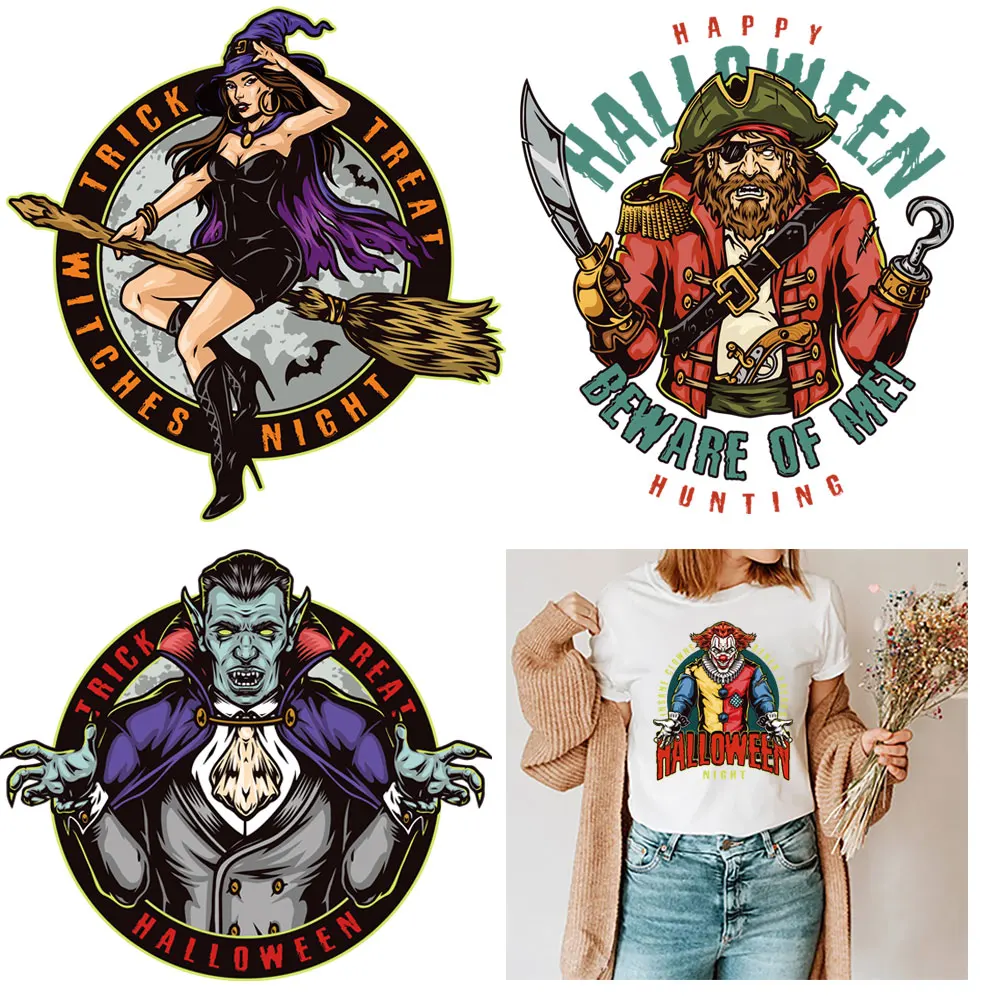 

Pretty Witch Flying On Broom Thermal Sticker Halloween Night Iron Patches for Clothing Angry Piratediy Accesory Heat Transfert