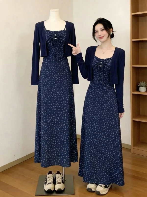 

plus Size Spring Summer Floral Print Halter Dress Set with Outerwear Cardigan Blue Women's Korean Style High Waist Dress