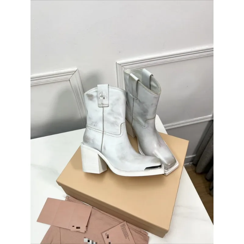 

Genuine Leather Thick-heeled Knee Retro Boots Top Layer Cowhide Knight Boots Women Shoes