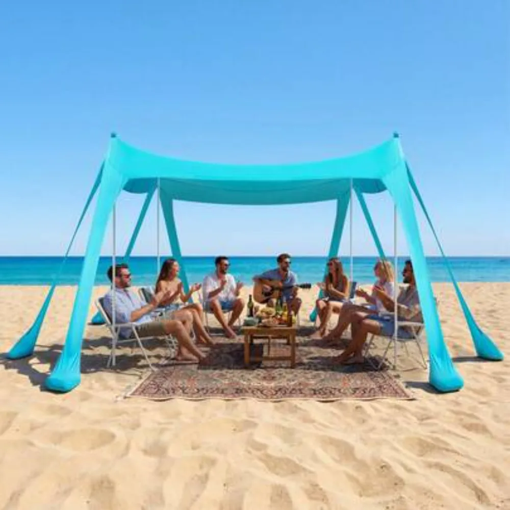 Pop Up Beach Tent Sun Shelter 10x10 Ft Canopy UPF 50+ Sun Protection 6.6 Ft Tall Instant Portable Shade with Sandbags Stability Poles and Sand Shovels for Family Camping Fishing Outdoor Activities