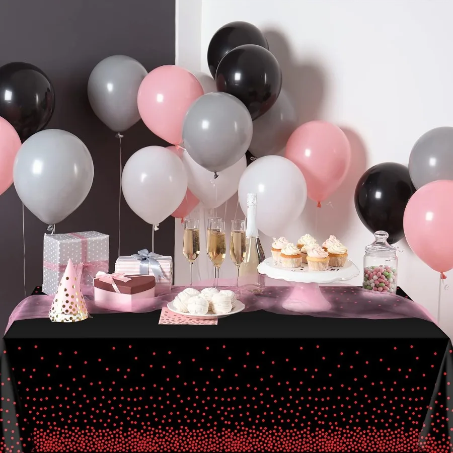 4 sztuki czerwono-czarnych plastikowych obrusów z czerwonymi kropkami, prostokątny plastikowy obrus jednorazowego użytku na urodziny, wesele