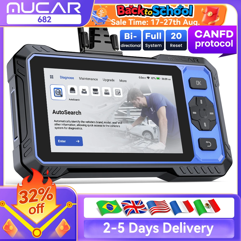 

MUCAR 632 OBD2 Сканер , считыватель кодов CANFD, проверка ECM, TCM, подушек безопасности, тормозной системы, obd 2 Car Tool 15, сброс двунаправленного управления, бесплатное обновление на весь срок службы