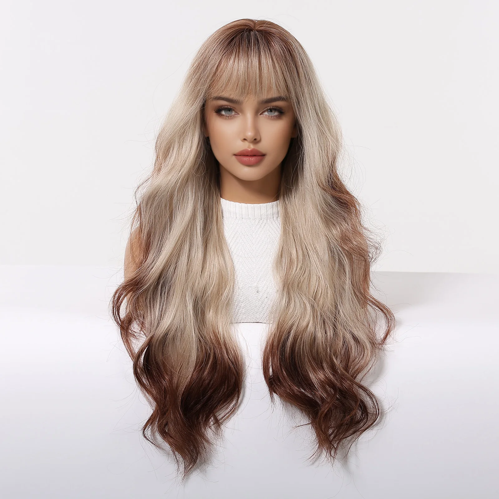 Element Golden Brown Ombre Long Wavy Synthetic Wig with Straight Bangs Heat Resistant Hair For Women Casual Party Wedding