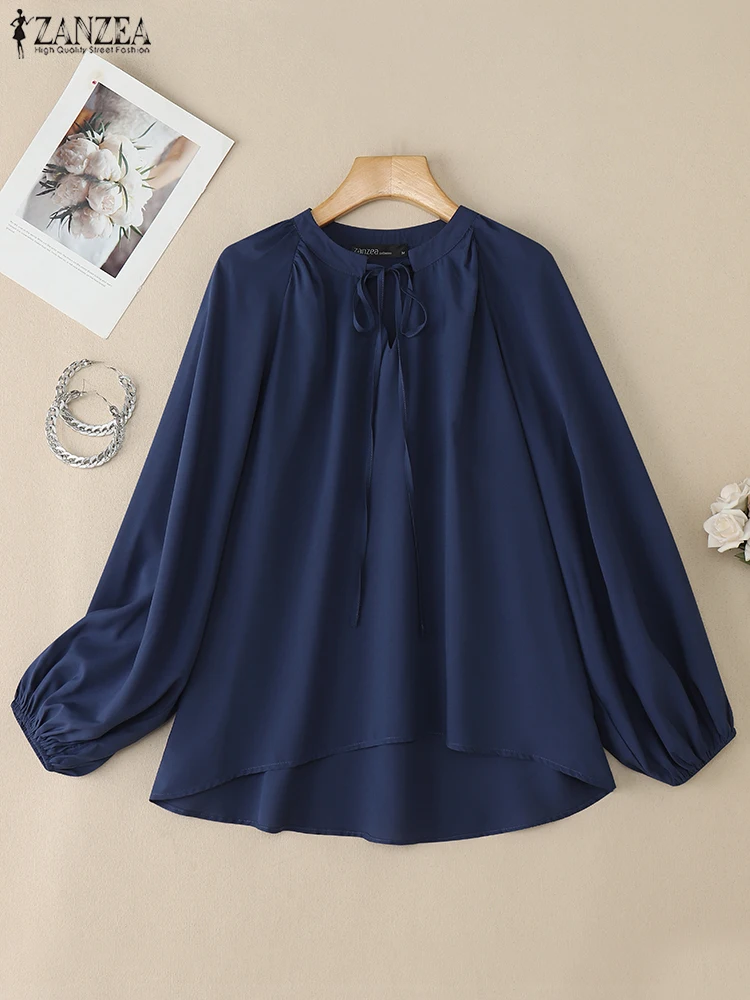 الصلبة بلوزة كلاسيكية 2025 ZANZEA أنيقة المرأة مكتب تونك عادية كم طويل الخريف Blusas س الرقبة القمم بلوزة عصرية