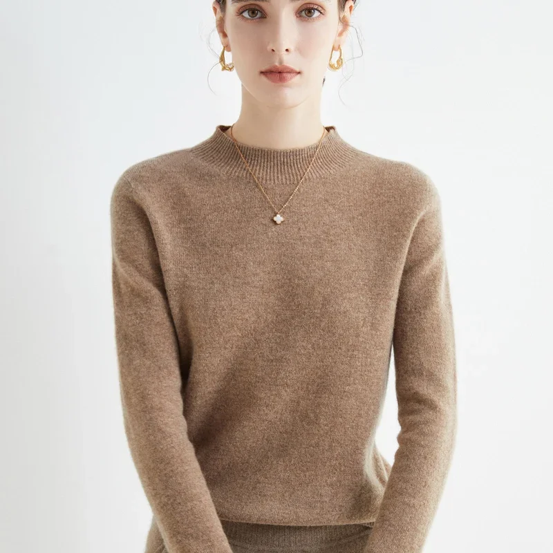 

Women‘s Half Turtleneck Wool Sweater, Seamless Long Sleeve Pullover for Winter, Warm Solid ColorCozy Indoor Office Wear