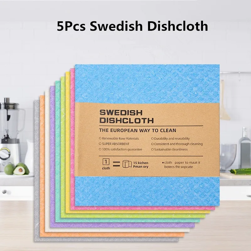 

5Pcs/pack Solid Color Reusable Wood Pulp Cotton Swedish Dishcloths Multi Functional Dishwashing Degreasing Cleaning Cloth