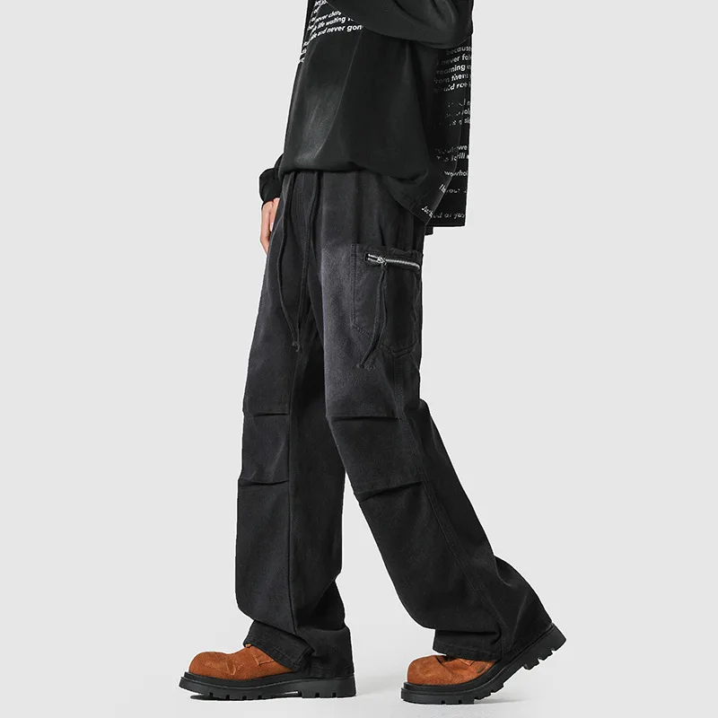 الكورية شارع العليا الرجعية مطوي الجينز الرجال الجينز عارضة فضفاض عالية الخصر الجينز عمال السراويل #3