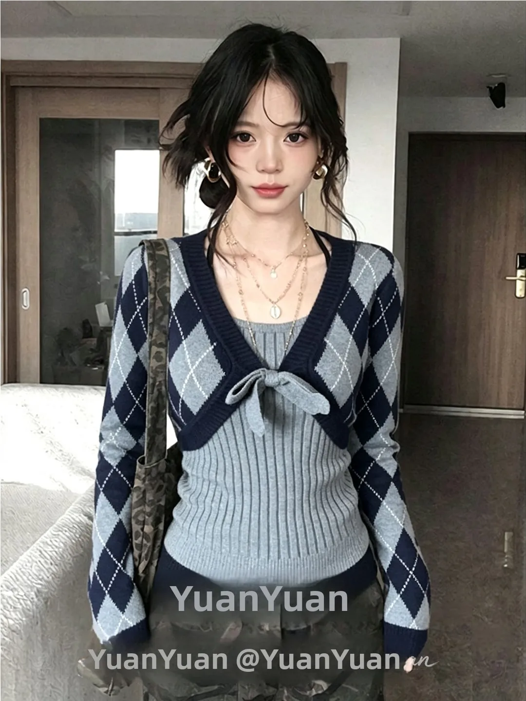 Korean Style Slim Fit Knitted Cardigan Women's Autumn Winter New Model Diamond Patterned Sweater Jacket Top with Belt