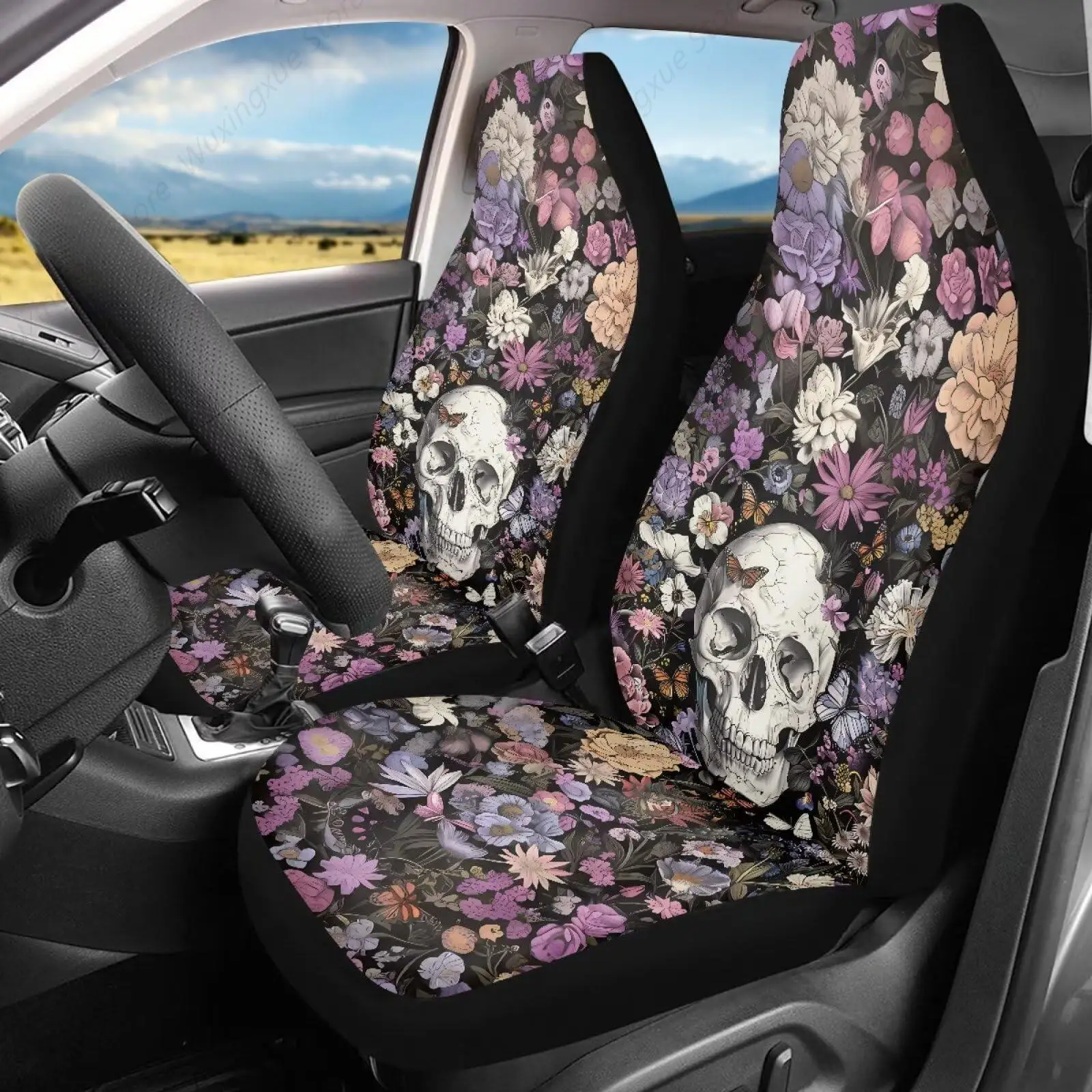 Front Car Seat Covers 2pc Flower Skeleton Seat Covers for Women Seat Protector Universal Size Fit for Cars,SUVs&Trucks&Vans.