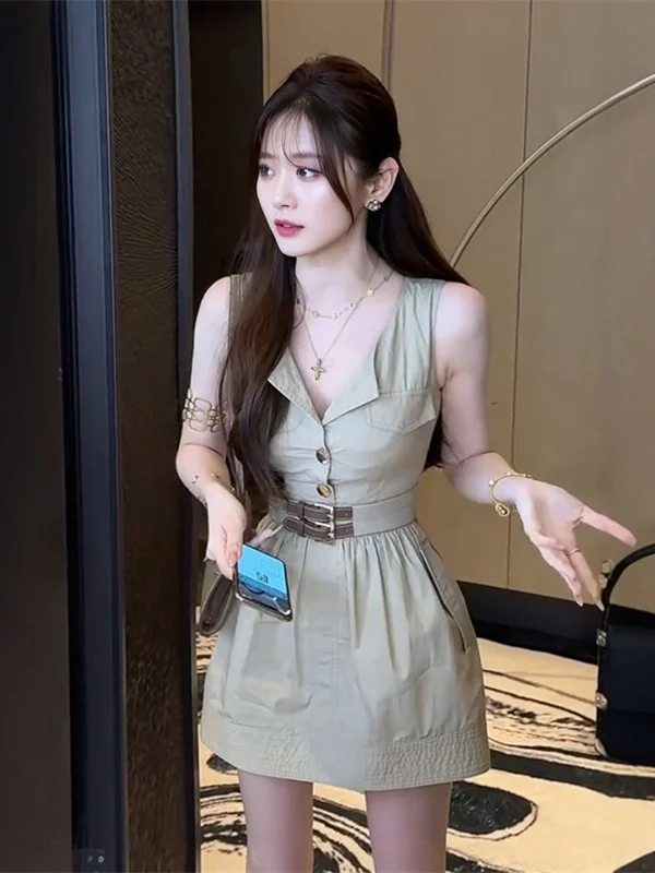 

Элегантное женское летнее платье без рукавов с V-образным вырезом, новинка, маленький размер, с эффектом утяжки талии, короткая юбка-жилет