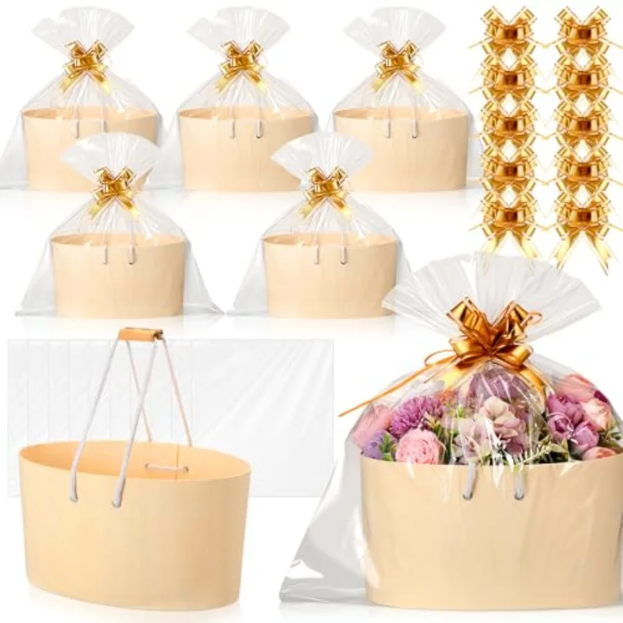 

6 t Cristmas askets for Gifts Empty Lar Wooden Cristmas asket wit andle 10 Pcs Cellopane ag and Pull Flower Rion 12"x8"x6" Pren