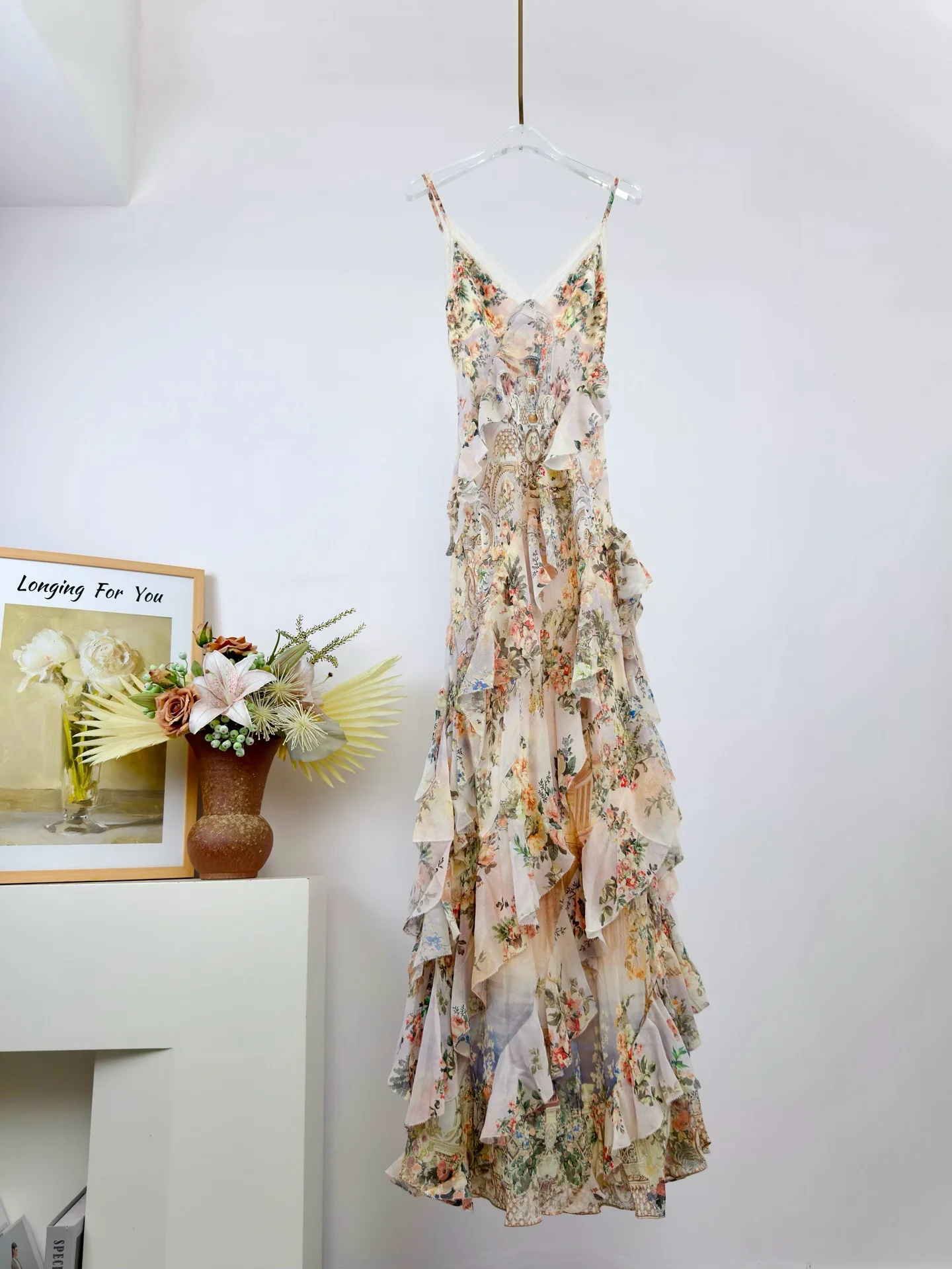 

100% Real Silk Elegant Floral Print Tiered Maxi Dress V Neck Spaghetti Strap High Waist Flowy Bohemian Dress For Women Party New