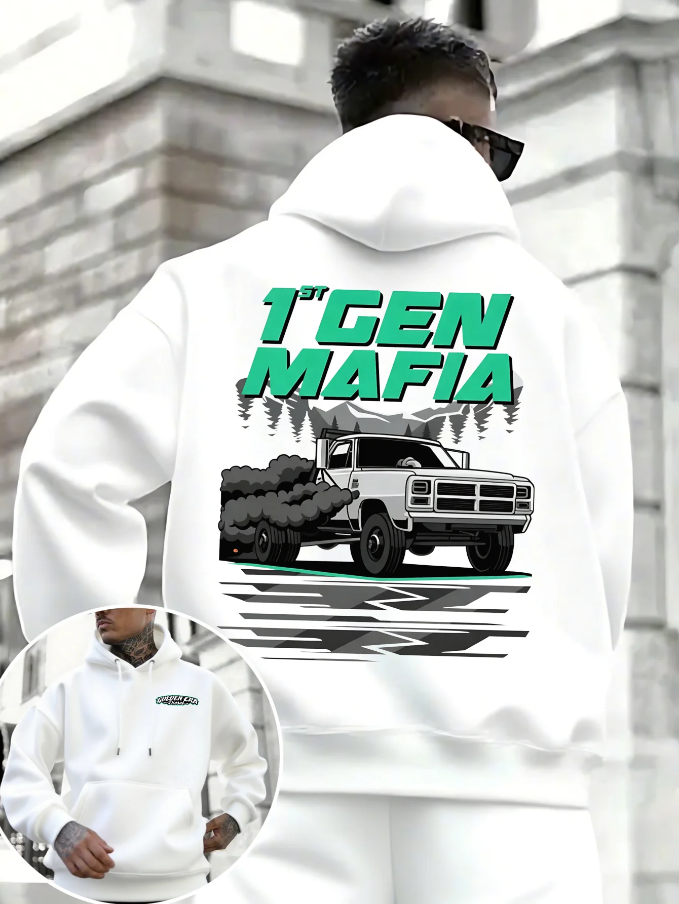 Men's loose-fitting hooded sweatshirt with retro mountain forest print, classic truck enthusiast trend-hungry hooded shirt