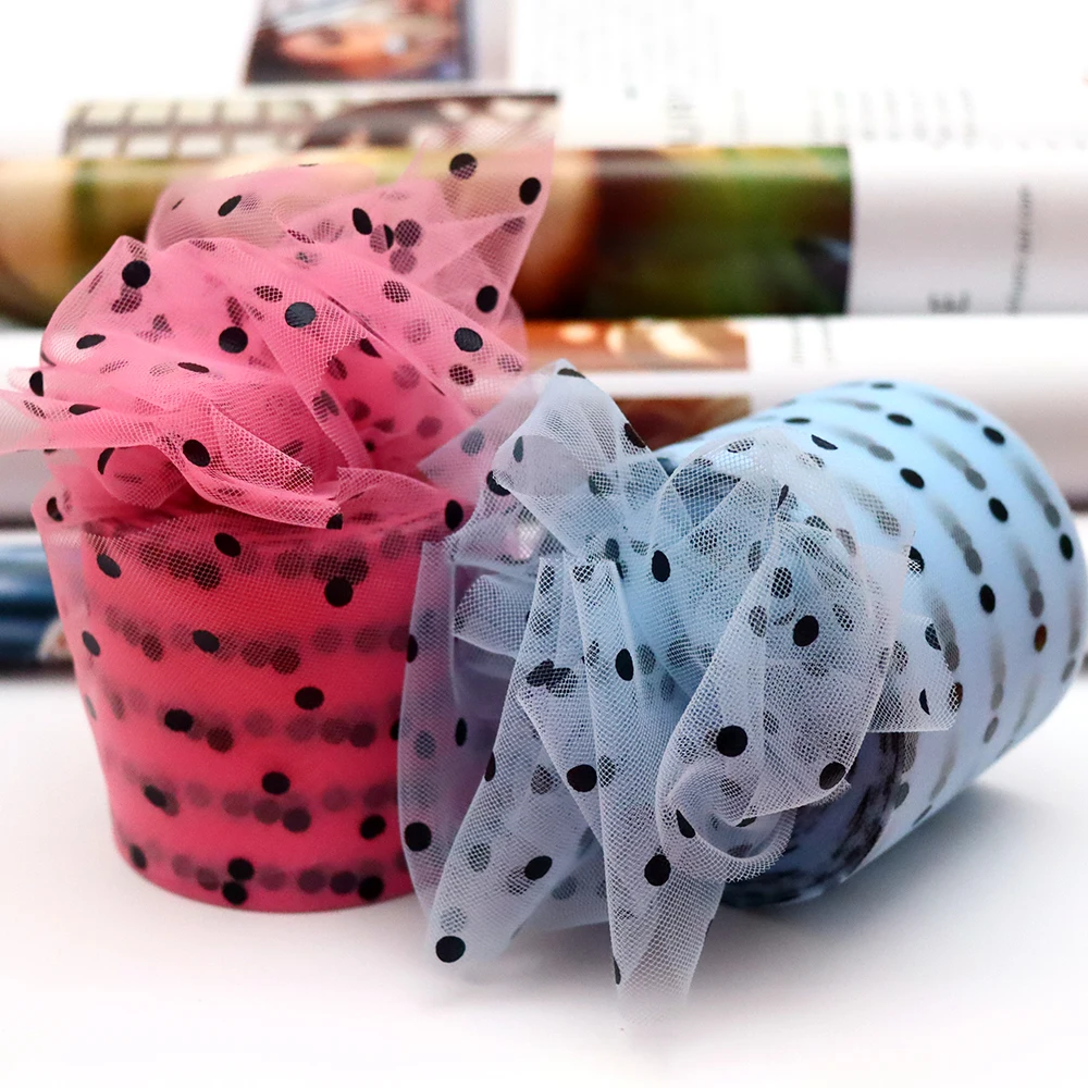 6cm 25Yards Polka Dotted Tulle Roll Black Round Sequins Mesh Ribbon DIY Hairbow Headband Handmade Crafts Material Organza Film