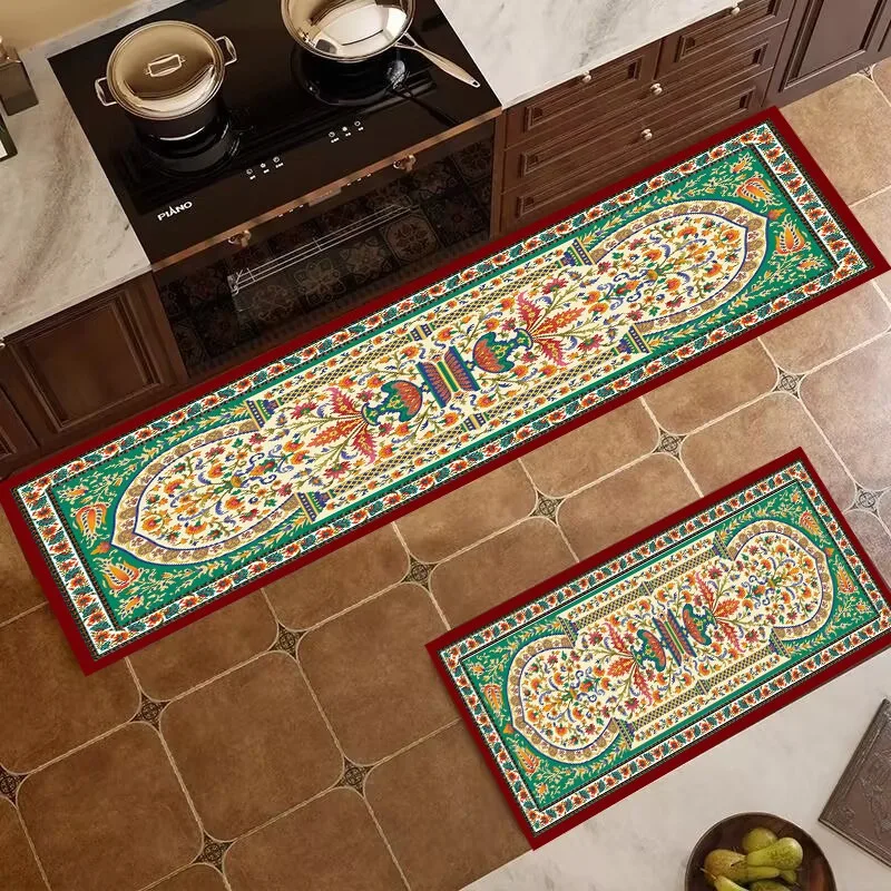 

Kitchen Carpet Non-slip Oil-proof Waterproof Floor Mat Green Vintage Ethnic Style Rug Long Decorative Mats for Home Use