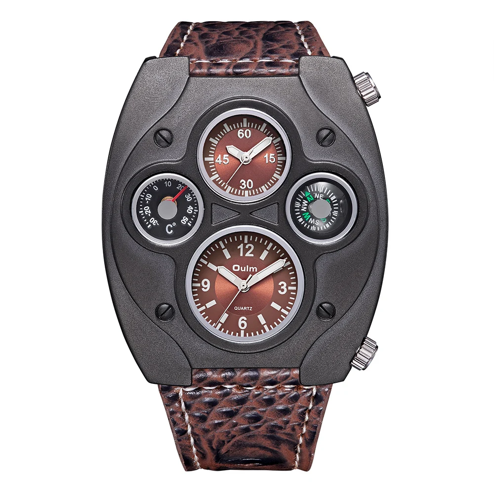 OULM Men Outdoor Multifunction Watch Dual Time Dial Compass Thermometer Leather Strap Sports Quartz Wristwatch