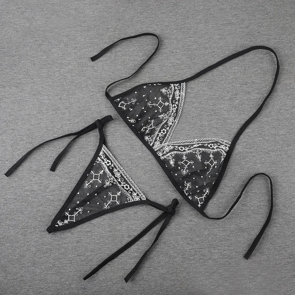 جنسي الملابس الداخلية النساء السيدات بيكيني المطرزة زهرة 3 نقطة شاش شفاف الدانتيل يصل الصدرية + ثونغ كلوبوير