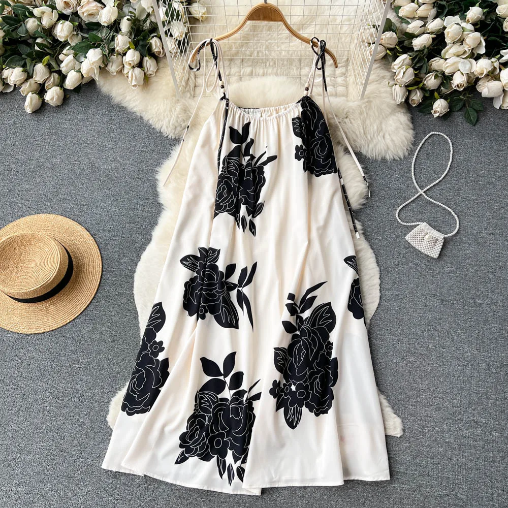 

ssTss Retro Style Flowers Print Women's Dress New Summer Bow-tied Adjustable Strap Sleeveless Loose Waist A Line Beach Dress