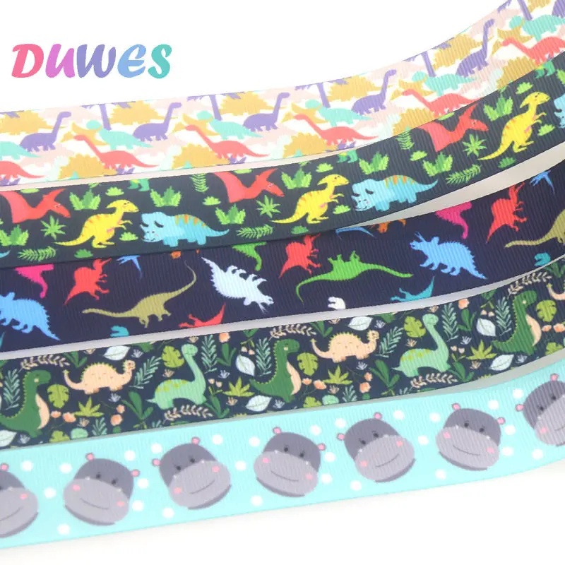 DUWES 50yards Dinosaur Hippo Printed Grosgrain Ribbon Accessories Material Headwear Decoration DIY Sewing Craft D1845