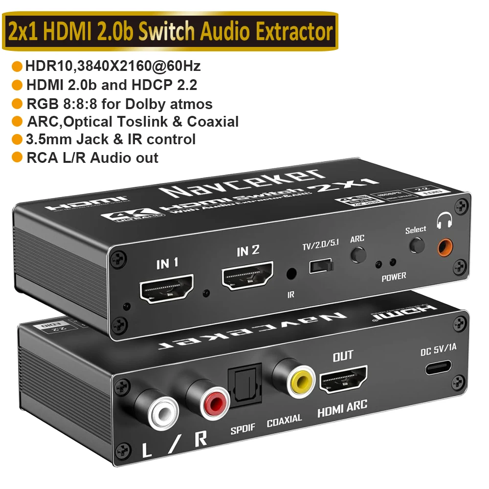 4K HDMI Switcher Audio Extractor 2 in 1 Out Selector with R/L
