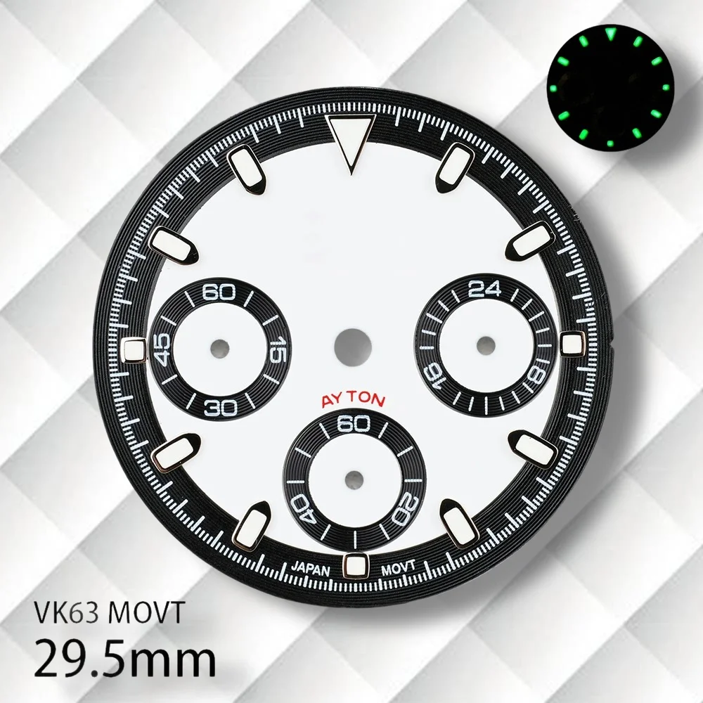 29.5mm S 로고 DTN 팬더 다이얼 VK63 무브먼트 호환 녹색 야광 최신 스타일 다이얼 시계 개조 액세서리