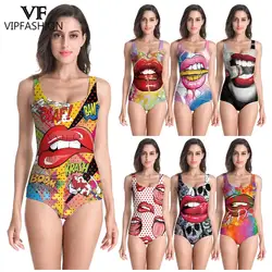 VIP FASHION Women Funny Lip Print Bodysuit Summer Sleeveless Swimsuit Holiday Party Tank Top One Piece Suit Female Sexy Swimwear