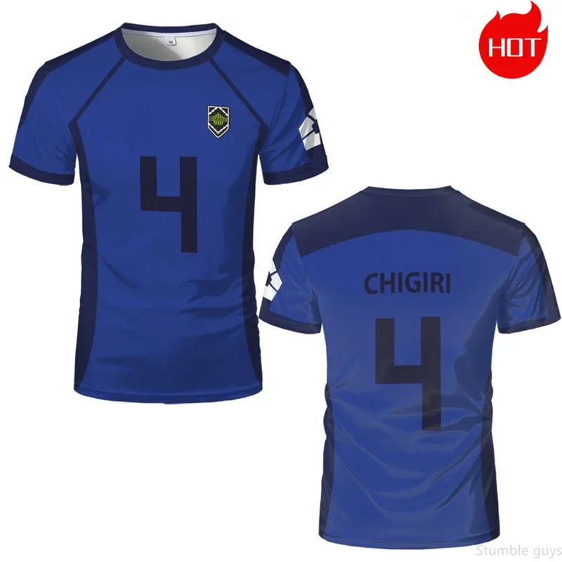 Lässiges Harajuku Blaues Anime-T-Shirt im Fußballtrikot-Stil für Jungen und Mädchen, Kurzarm-Grafik-Cosplay-Shirts