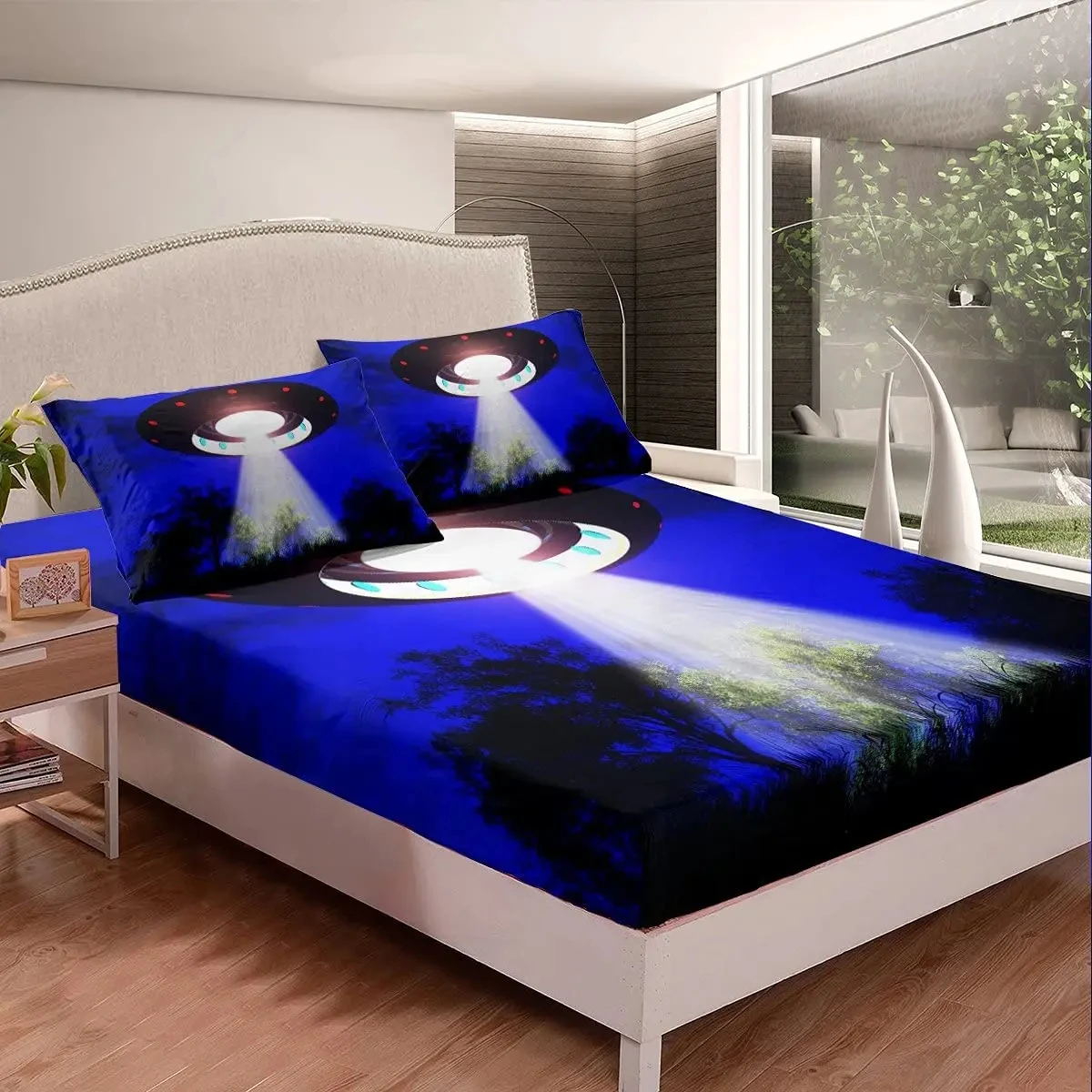 Spaceship Fitted Sheet, Outer Space Bed Sheet Set Full Twin Queen Size Galaxy Bed Cover Trippy Starry Sky Universe Sheets Set