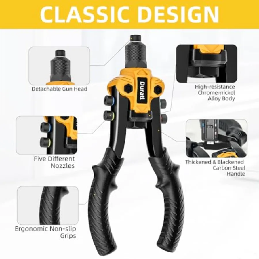 Heavy Duty Hand Riveter Tool with 200 Blind Rivets and 5 Interchangeable Rivet Heads 3 32 1 8 5 32 3 16 1 4 for Metal Fabricati