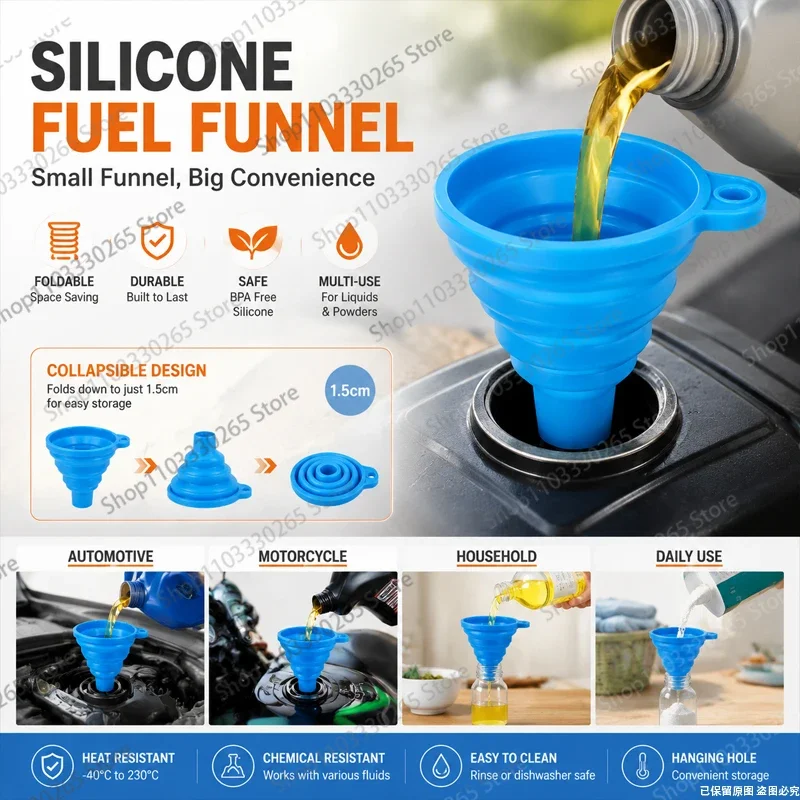 

Silicone Collapsible Funnel, Food Grade & Heat Resistant, Portable Fuel/Oil Funnel for Auto, Kitchen, Outdoor Use