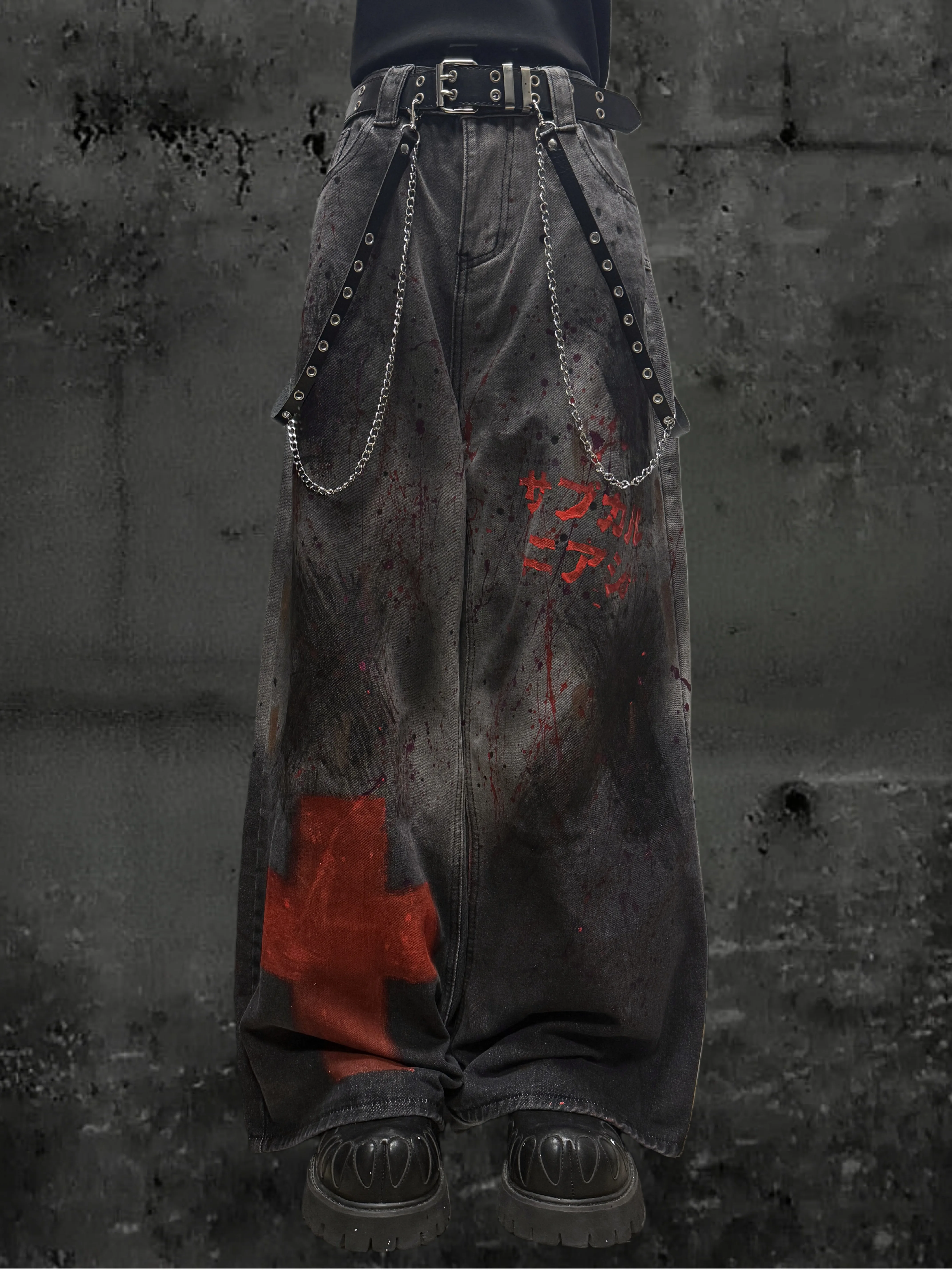 American Style Vintage Washed Jeans Men's and Women's Japanese Wide-Leg Hand-Painted Trousers Autumn