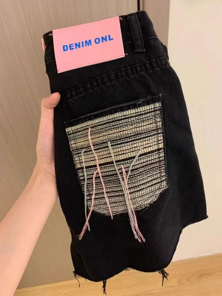 Bla High Waist A-Line ort Jeans Women Summer Thin Large Size Fat MM Wide Leg ket Embroidery Tassel Hot Pants