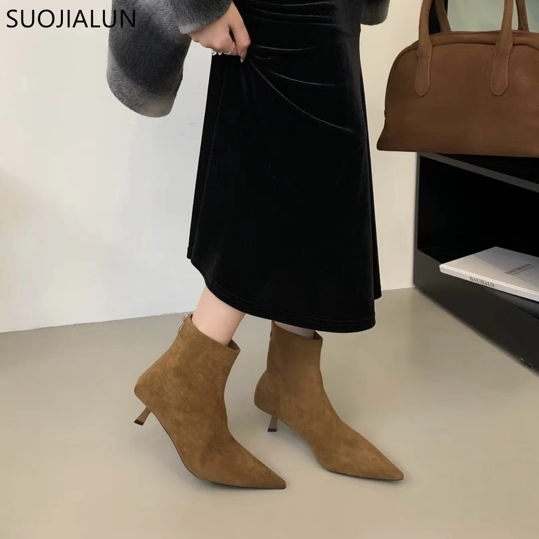 SUOJIALUN 2024 Winter New Brand Women Short Boots Fashion Pointed Toe Ladies Elegant Ankle Boots Thin High Heel Dress Pumps Shoe