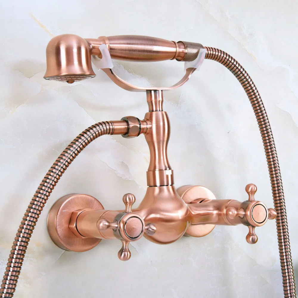 Antique Red Copper  Wall Mounted Bathroom Bath Faucet Mixer Tap With Hand Shower Head Shower Faucet Set Bna334