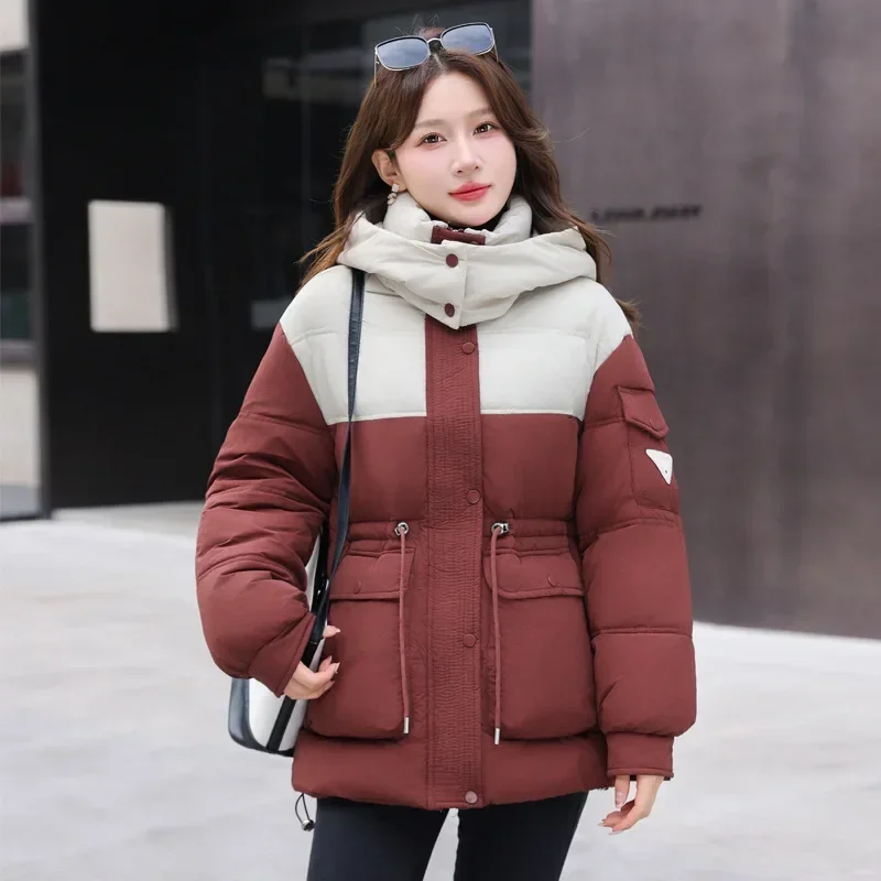 Parka con cappuccio invernale abbigliamento donna giacca calda in cotone spesso piumino sottile con lacci Patchwork cappotti con cerniera a maniche lunghe nuovo