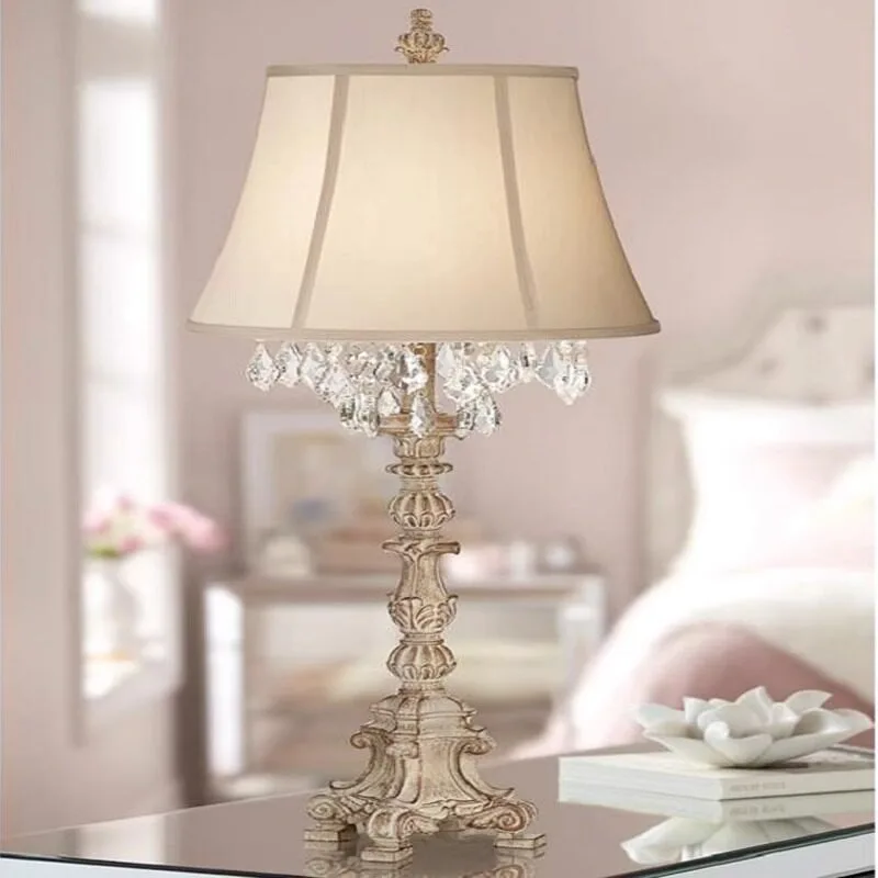 French Country Crystal Candlestick Floor Lamp Fabric Lampshade Bedroom Bedside Living Room Study Retro Solid Wood Standing Light