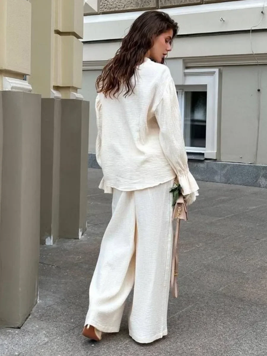 Wolfeel 여성용 신상품 2026 가을 100% 면 랜턴 슬리브 긴팔 세트 루즈 카디건 와이드 레그 팬츠 2피스 세트