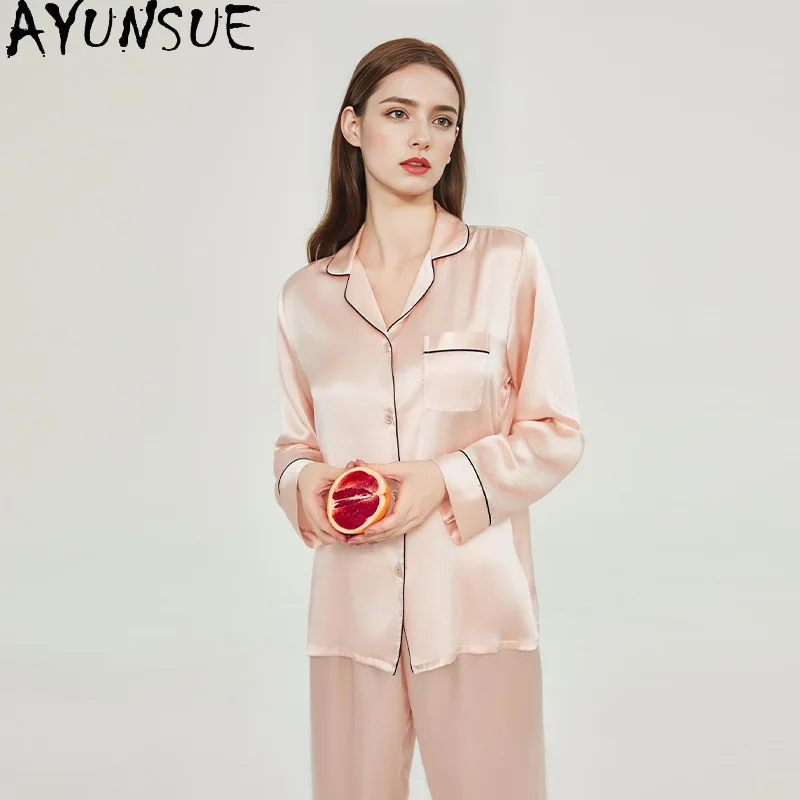 AYUNSUE 16Mm 100% Mulberry Silk Sleepwear Women Spring Summer Clothes Pajama Set Long Sleeve Top Long Pants Women's Home Clothes