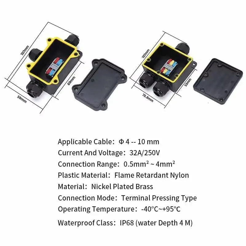 Outdoor IP68 3 Way Junction Box with Terminal Waterproof 32A/250V 2 Way Y-type Threading Box Outdoor Quick Connection Power Box