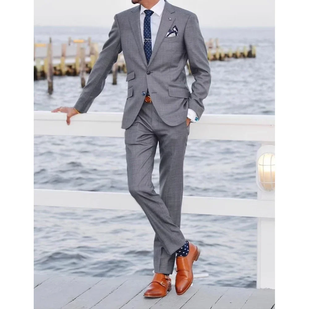 

Costume Homme Grey Men's Suits Slim Fit 2 Pcs Jacket Pants Set Single Breatsed Notch Lapel Wedding Outfits Full Set High Quality