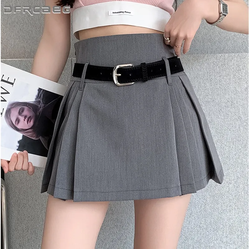 

White Gray Casual Summer Women Short Skirts With Belt 2023 Preppy Style High Waist Falda Kawaii JK Mini Saias Girls